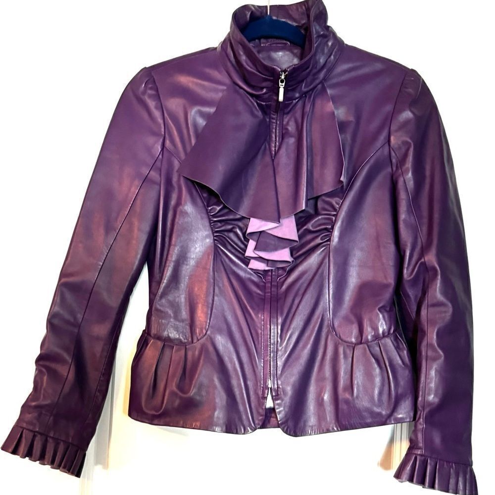Purple ruffled front detail Leather Jacket